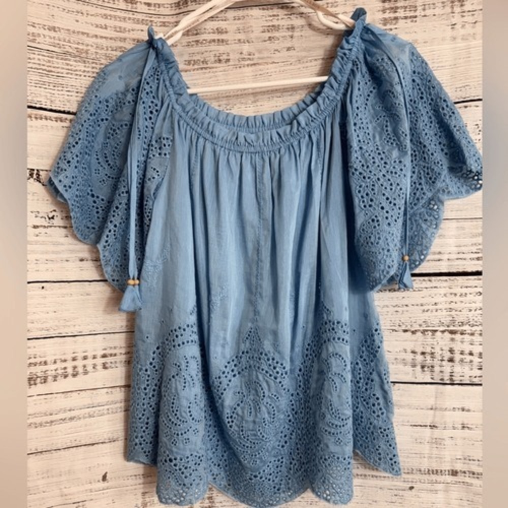 Hale Bob Womens Sz S Eyelet Off the Shoulder Boho Top Blouse Embroidered Blue